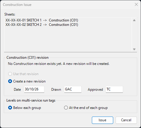The Construction Issue window for a Construction issue
