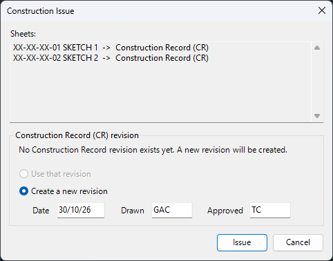 The Construction Issue window for a Construction Record issue